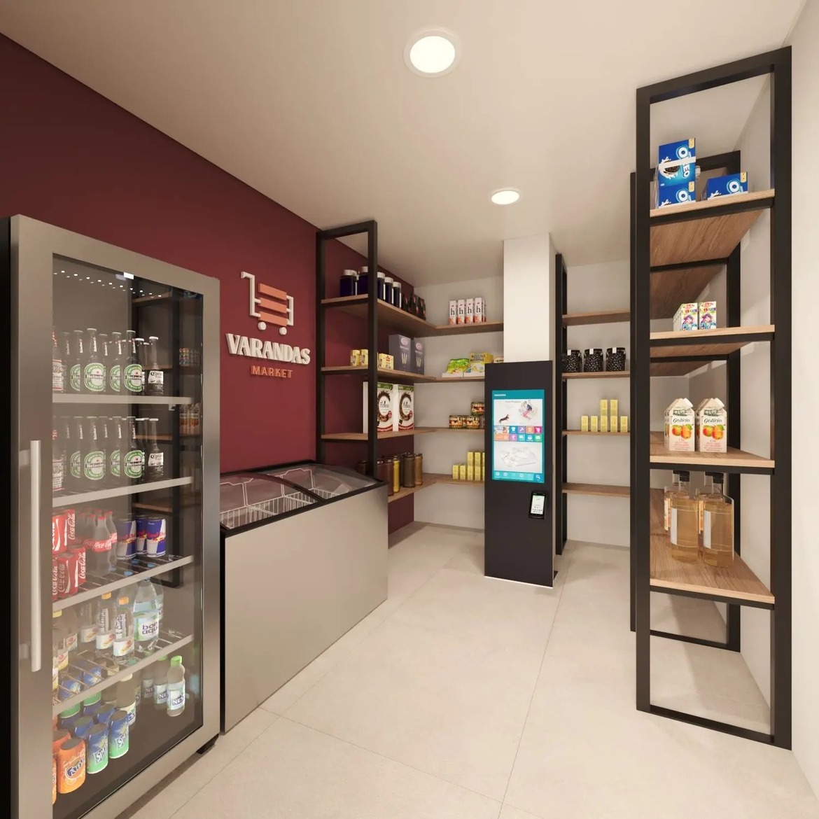 Mini mercado de conveniência autônomo dentro do condomínio com prateleiras e geladeiras abastecidas.