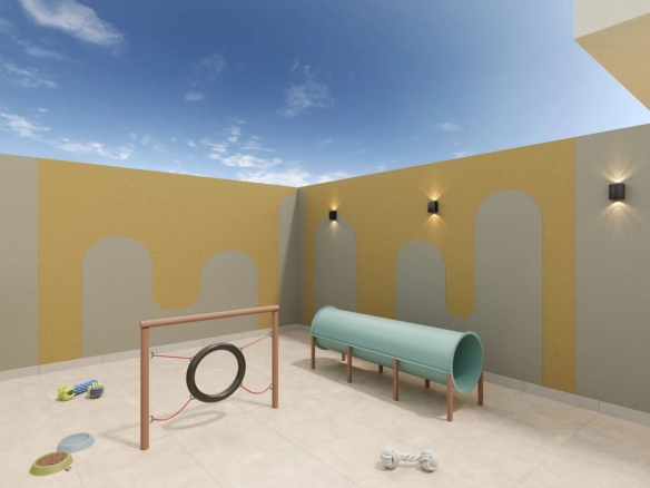 Área de Pet Place com obstáculos de agility, túnel e espaço para recreação de animais de estimação.