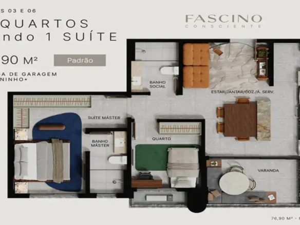 Planta baixa de 76m² do Fascino Consciente com 2 quartos, sendo 1 suíte, e varanda integrada.