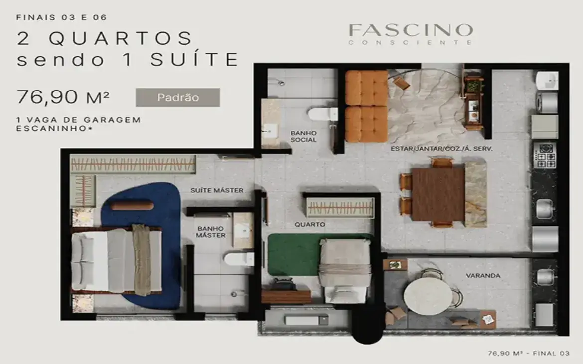 Planta baixa de 76m² do Fascino Consciente com 2 quartos, sendo 1 suíte, e varanda integrada.