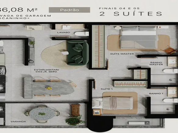 Planta humanizada de 86m² do Fascino Consciente com 2 suítes, lavabo e sala integrada à varanda.