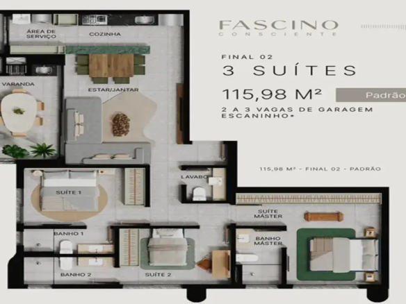Ilustração da planta de 115m² do Fascino Consciente, contendo 3 suítes plenas e amplo living.