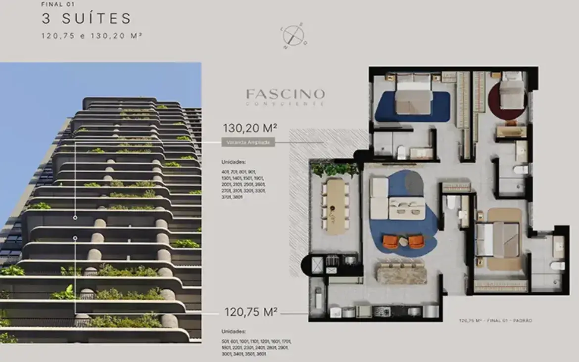 Detalhe da fachada e planta de 130m² com 3 suítes do residencial Fascino Consciente.