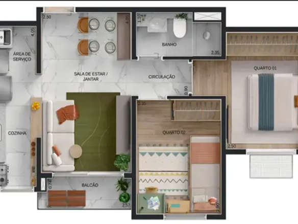 Planta humanizada de apartamento no Now Laguna com 2 quartos, varanda integrada e layout otimizado.