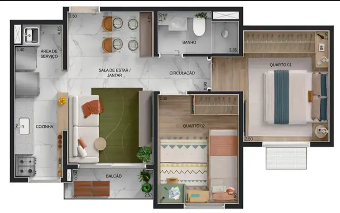 Planta humanizada de apartamento no Now Laguna com 2 quartos, varanda integrada e layout otimizado.