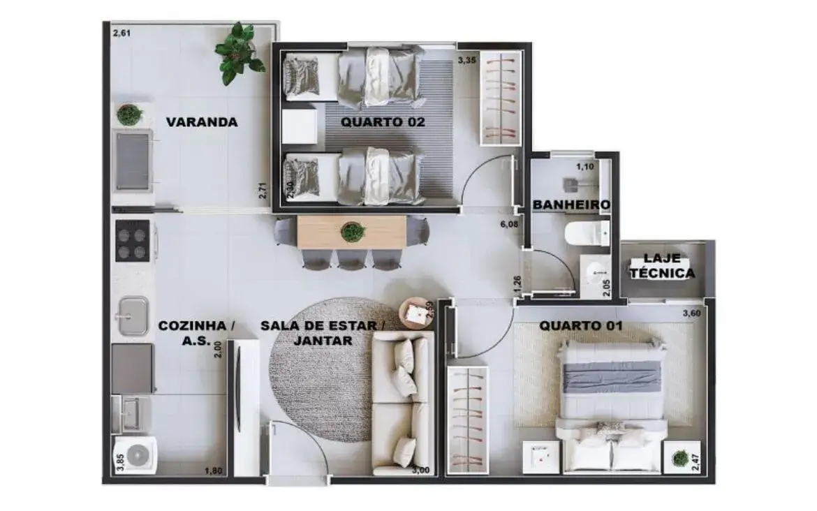 Planta baixa humanizada de apartamento com dois quartos, varanda, sala de estar e cozinha integrada.