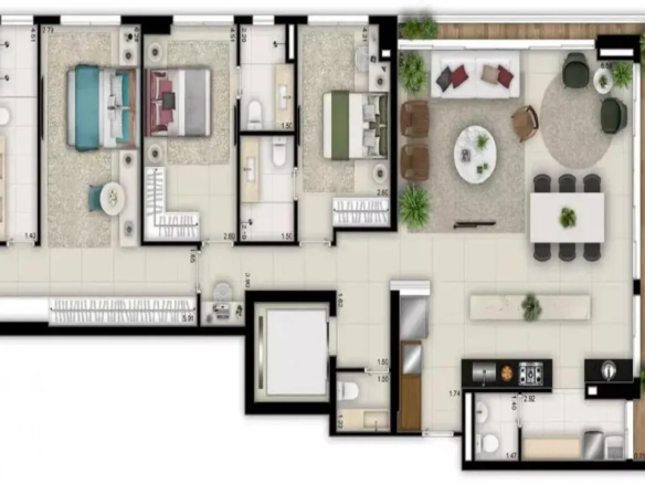 Planta baixa humanizada de apartamento com 3 suítes, sala ampla e varanda gourmet no Opus Tellure.