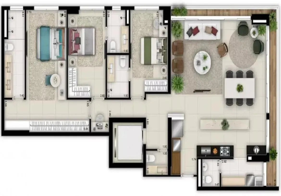 planta-baixa-apartamento-opus-tellure Planta baixa humanizada de apartamento com 3 suítes, sala ampla e varanda gourmet no Opus Tellure.