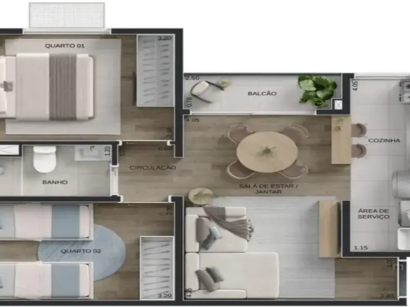 Ilustração de planta baixa de apartamento compacto com dois quartos, sala de estar e jantar integradas e cozinha.