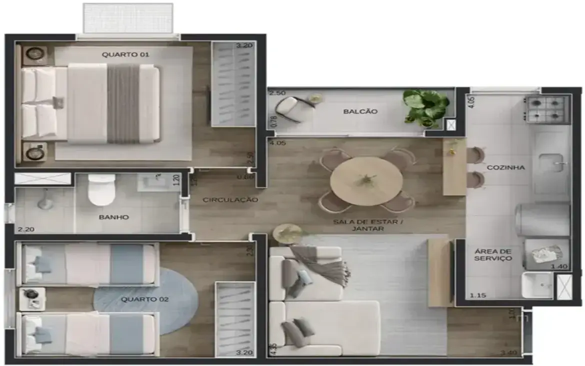 Ilustração de planta baixa de apartamento compacto com dois quartos, sala de estar e jantar integradas e cozinha.