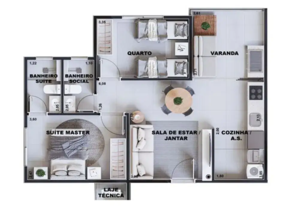 Ilustração da planta de apartamento contendo suíte master, quarto social, banheiro e varanda espaçosa.