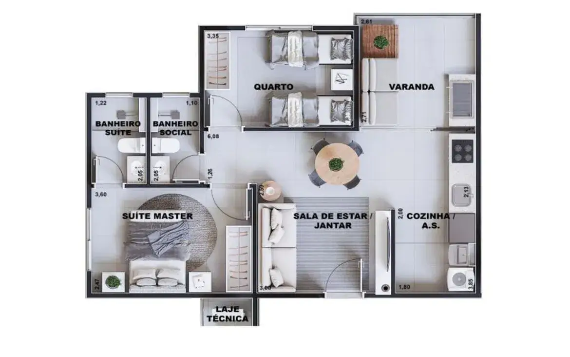 Ilustração da planta de apartamento contendo suíte master, quarto social, banheiro e varanda espaçosa.
