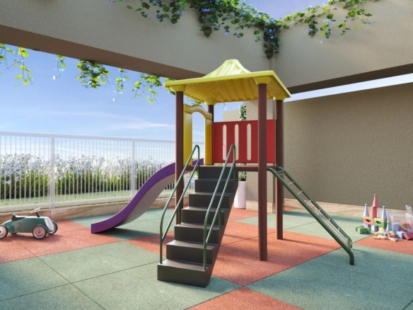 Playground colorido em área externa com escorregador e piso emborrachado para crianças.