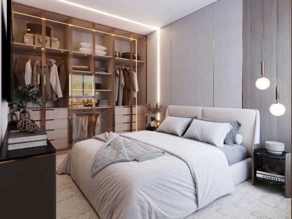 Quarto de casal sofisticado com closet de portas de vidro translúcido e iluminação em LED.