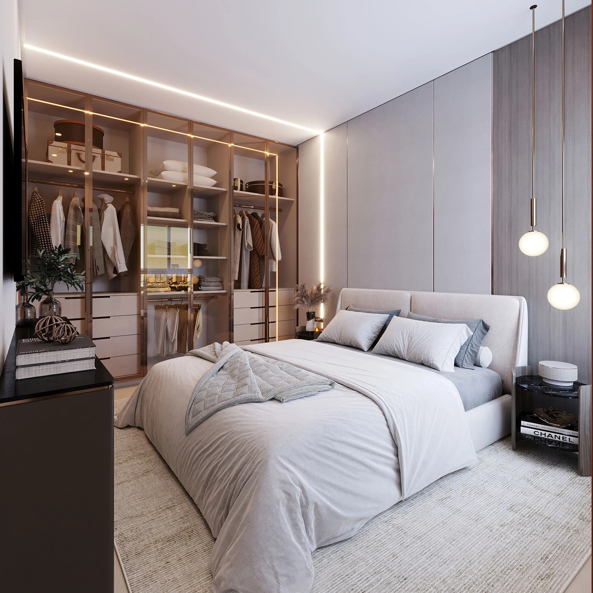 Quarto de casal sofisticado com closet de portas de vidro translúcido e iluminação em LED.