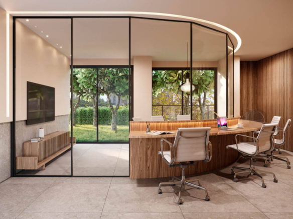 Sala de coworking moderna com divisórias de vidro, mesa curva de madeira e cadeiras ergonômicas.