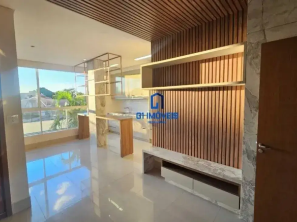 Sala de estar decorada com painel ripado neste apartamento no Parque Cascavel.