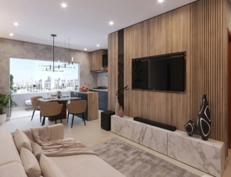 Sala de estar moderna e decorada com painel de madeira no apartamento do Varandas Flamboyant.