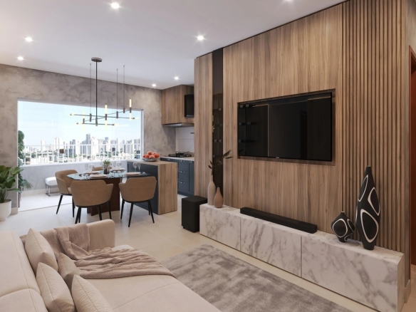 Sala de estar moderna e decorada com painel de madeira no apartamento do Varandas Flamboyant.