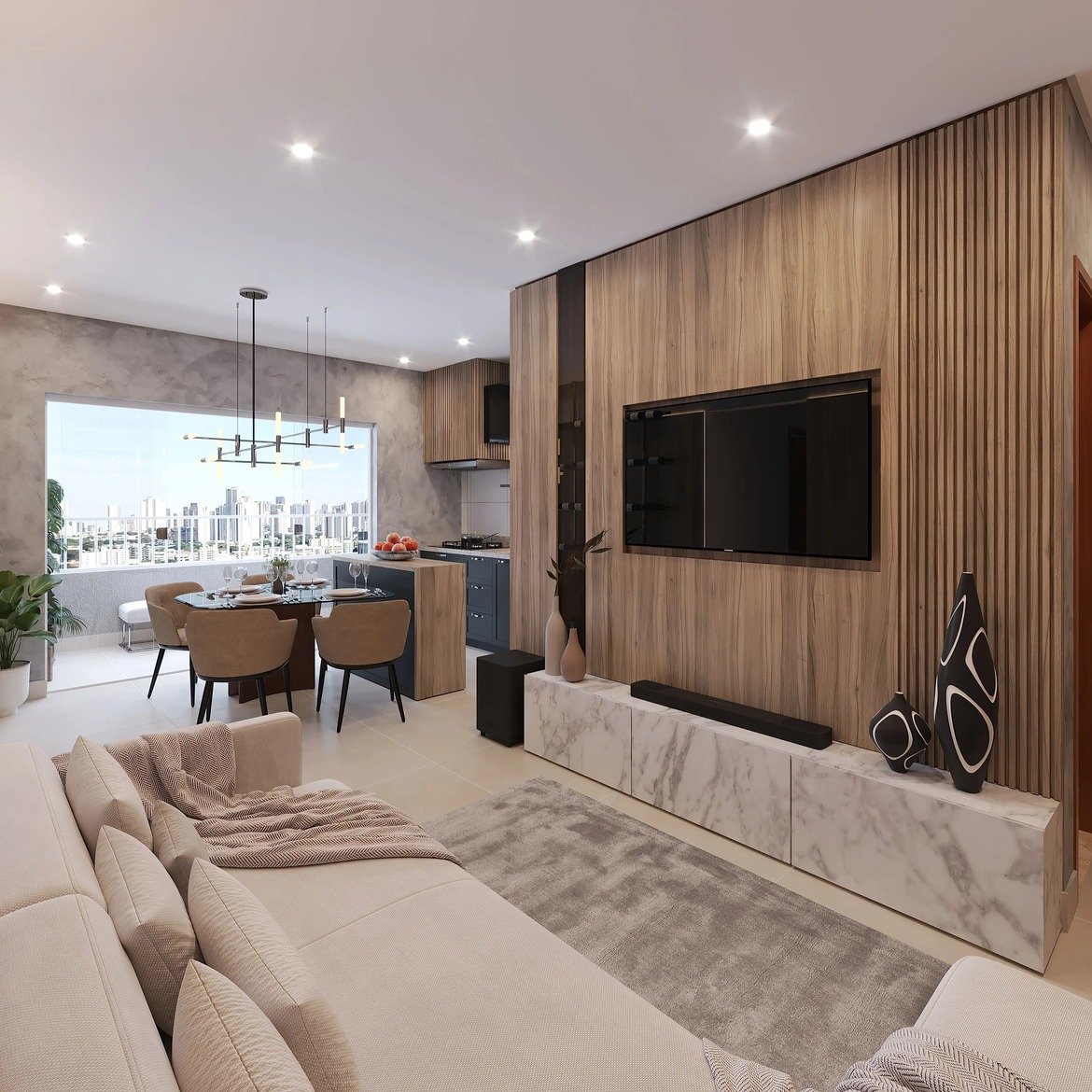 Sala de estar moderna e decorada com painel de madeira no apartamento do Varandas Flamboyant.