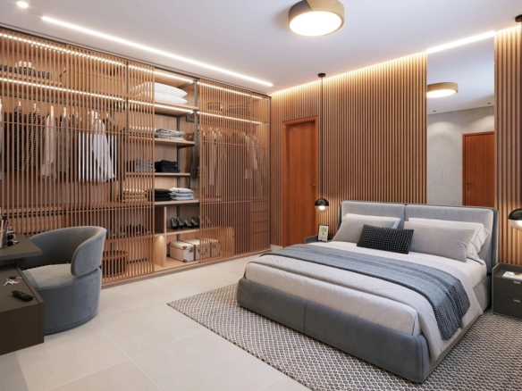 Suíte de casal aconchegante com painel de madeira ripada, armário vazado e tapete geométrico.