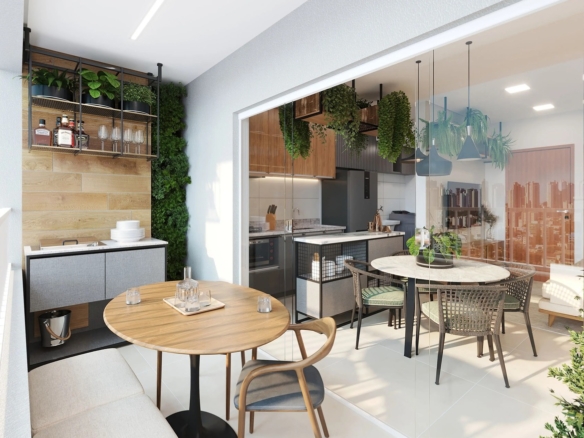 Varanda gourmet integrada com churrasqueira, mesa de jantar e jardim vertical no Varandas Flamboyant.