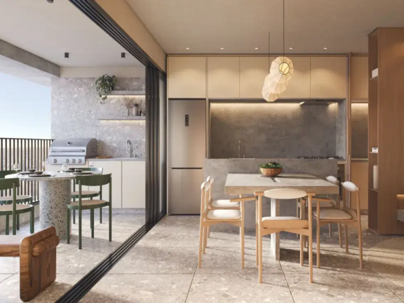 Varanda gourmet integrada com sala de jantar e cozinha moderna do empreendimento Fascino Consciente.