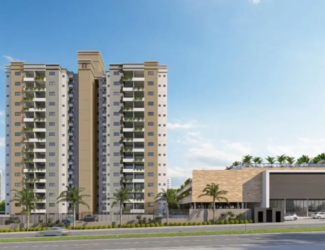 Vista frontal moderna das torres do condomínio Varandas Park com paisagismo na entrada.