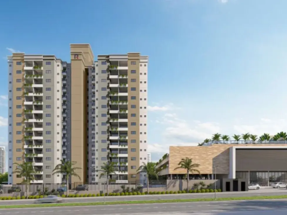 Vista frontal moderna das torres do condomínio Varandas Park com paisagismo na entrada.