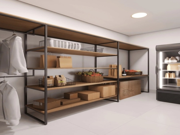 Área de recebimento de encomendas e conveniência com prateleiras organizadas e refrigerador.