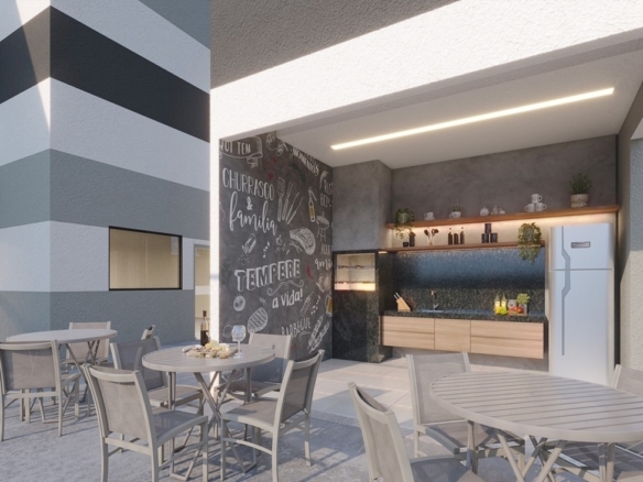 Área gourmet externa coberta com churrasqueira, pia e mesas de apoio.