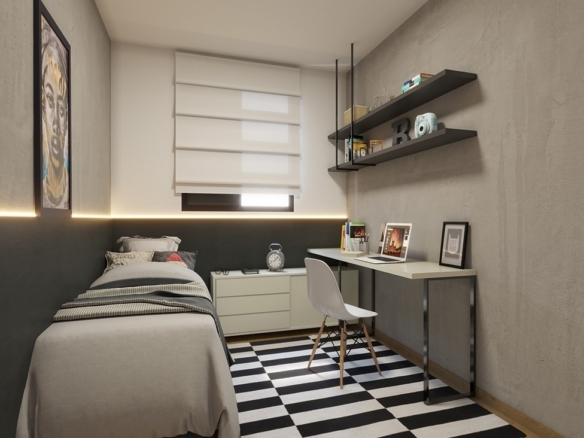 Decoração de quarto de solteiro moderno com cama, prateleiras e escrivaninha.
