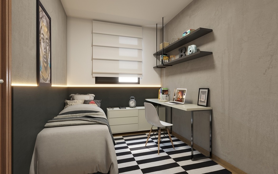 Decoração de quarto de solteiro moderno com cama, prateleiras e escrivaninha.