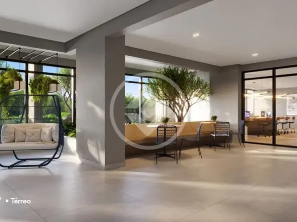 Lobby moderno com poltrona suspensa e área de convivência no Hello Viver Universitário.