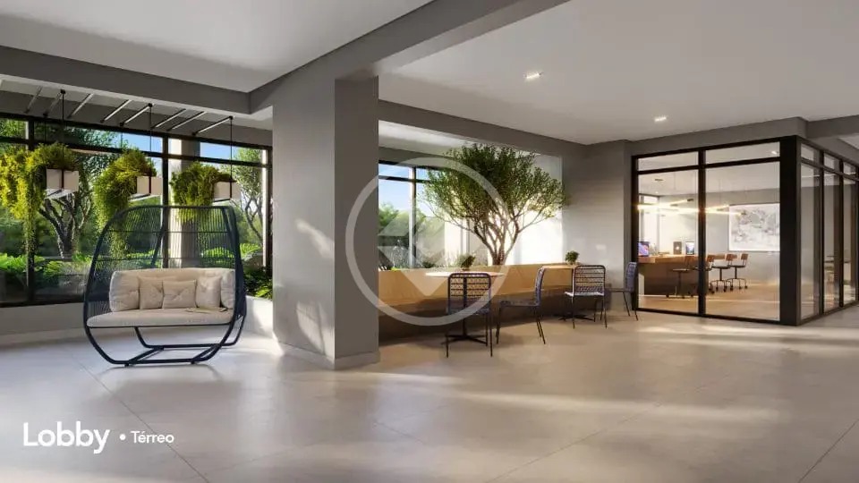 Lobby moderno com poltrona suspensa e área de convivência no Hello Viver Universitário.