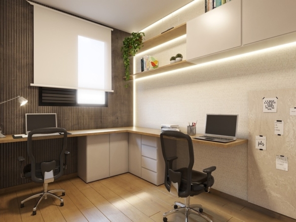 Ambiente de home office planejado com bancada em L e iluminação em led.