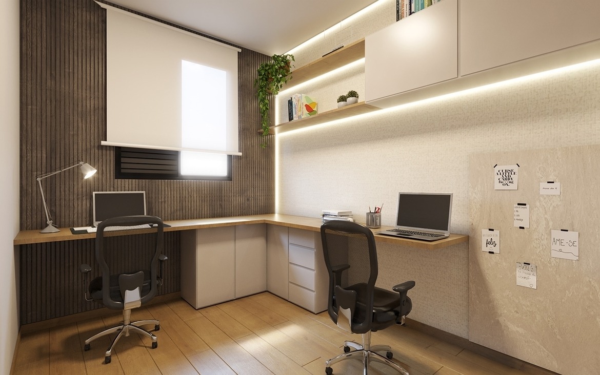 Ambiente de home office planejado com bancada em L e iluminação em led.