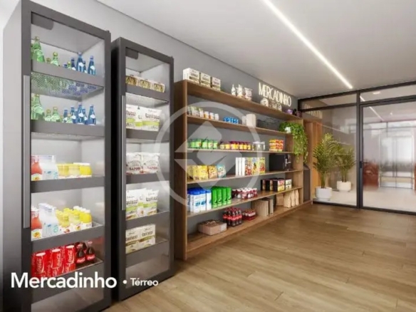 Minimercado de autoatendimento com geladeiras de bebidas e prateleiras de conveniência.