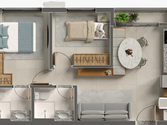 Planta humanizada de apartamento com 2 quartos, 2 banheiros e sala de jantar com mesa redonda.