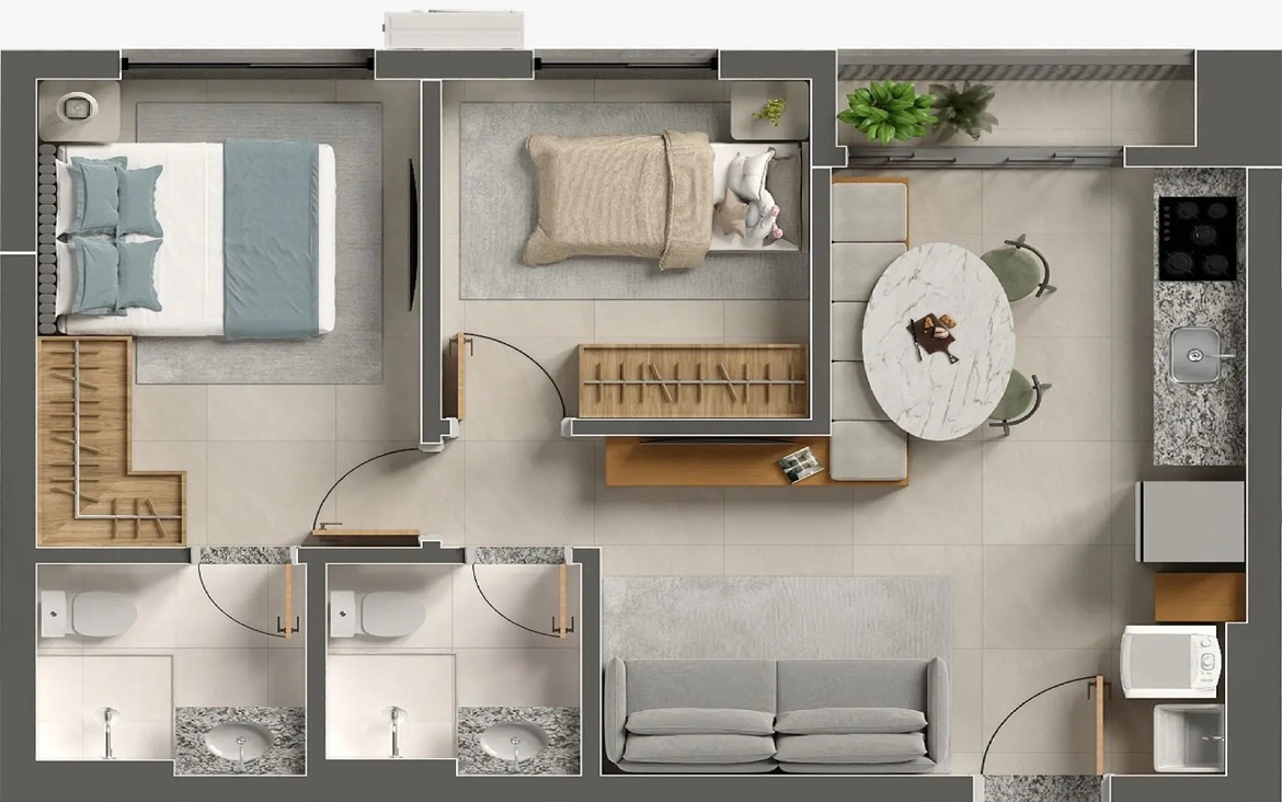 planta-apartamento-2-quartos-2-banheiros Planta humanizada de apartamento com 2 quartos, 2 banheiros e sala de jantar com mesa redonda.
