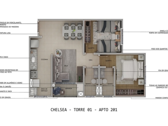 Planta humanizada de apartamento 2 quartos com varanda Chelsea MRV.