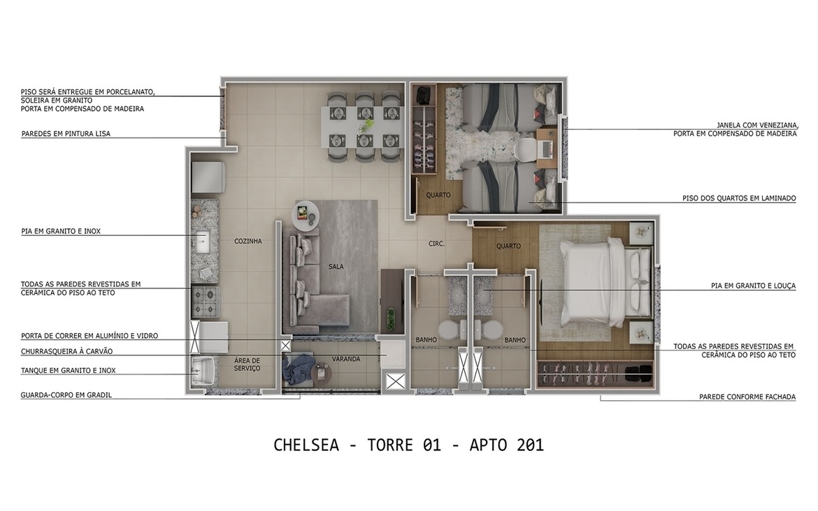 Planta humanizada de apartamento 2 quartos com varanda Chelsea MRV.