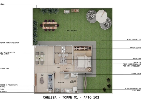 Planta baixa humanizada apartamento térreo com jardim privativo Chelsea MRV.