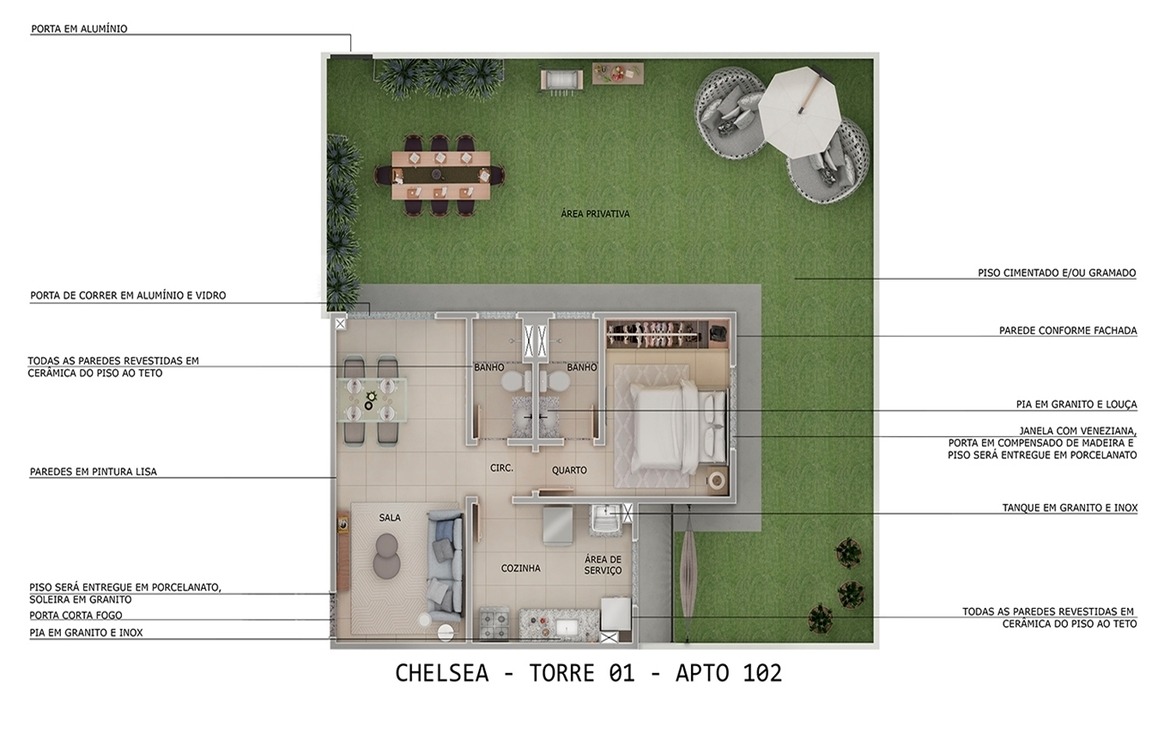Planta baixa humanizada apartamento térreo com jardim privativo Chelsea MRV.
