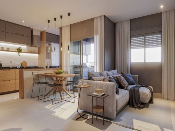 Sala de estar e jantar integrada de um apartamento decorado no Dot Bild, com iluminação natural.