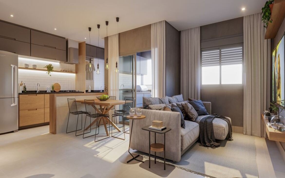 Sala de estar e jantar integrada de um apartamento decorado no Dot Bild, com iluminação natural.