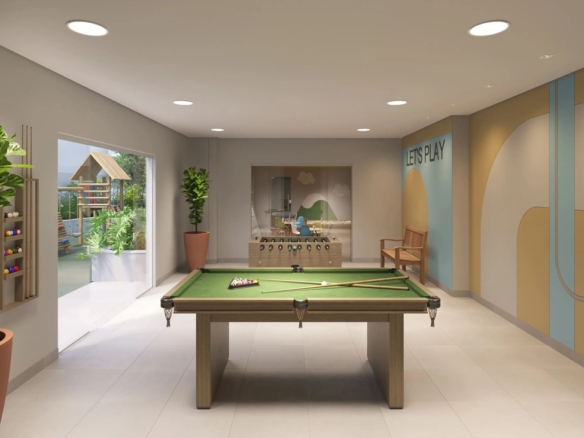 Sala de jogos moderna com mesa de sinuca, pebolim e decoração contemporânea colorida.