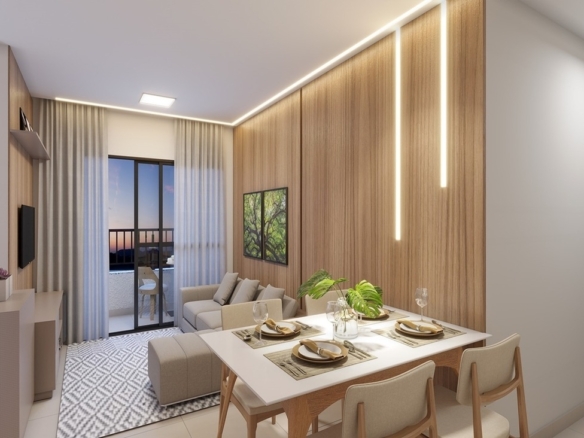 Sala de jantar e estar integradas em apartamento decorado do Chelsea MRV.