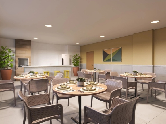 Salão de festas elegante com mesas redondas, cadeiras confortáveis e área de buffet ao fundo.