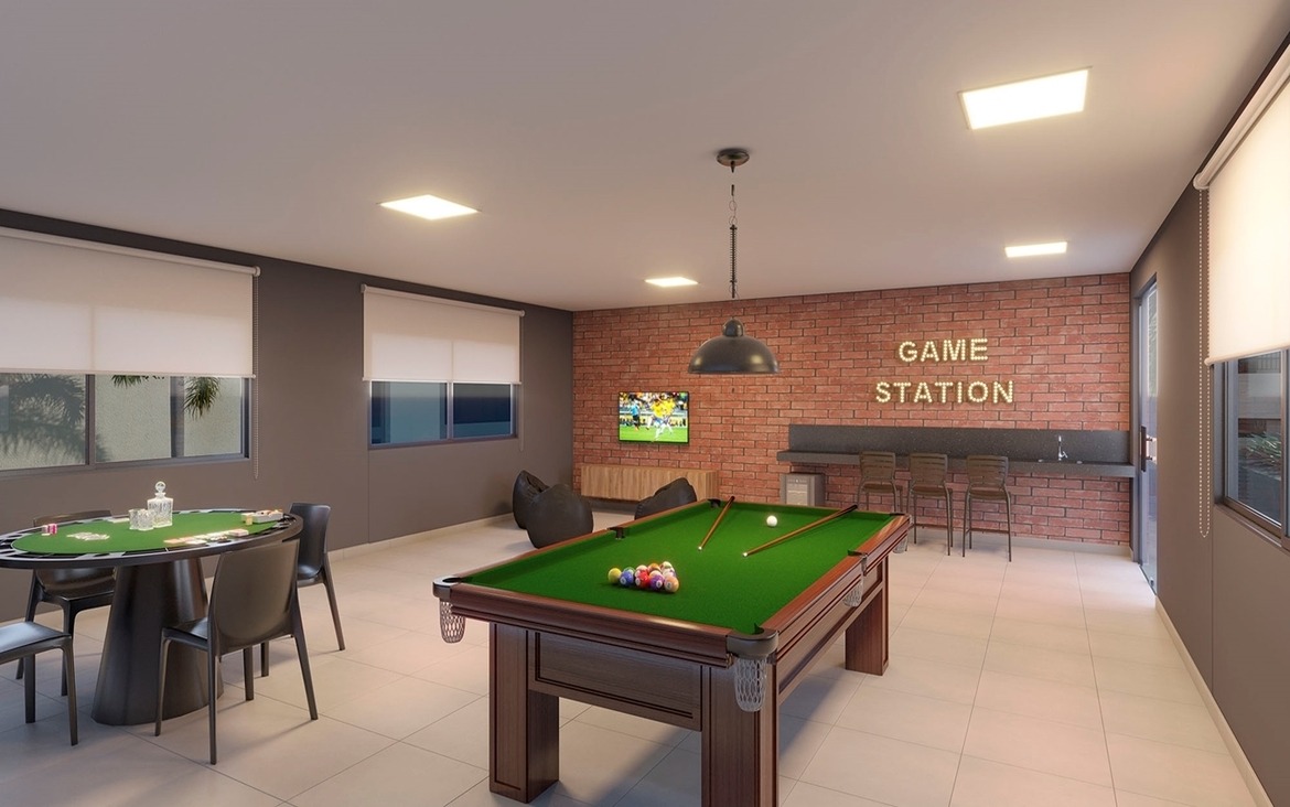 Salão de jogos estilo pub com mesa de sinuca e parede de tijolinhos.